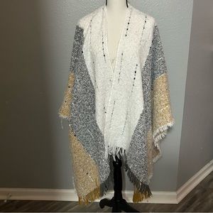 Bohemian Neutral Tassel Trim Wrap Cape Cardigan